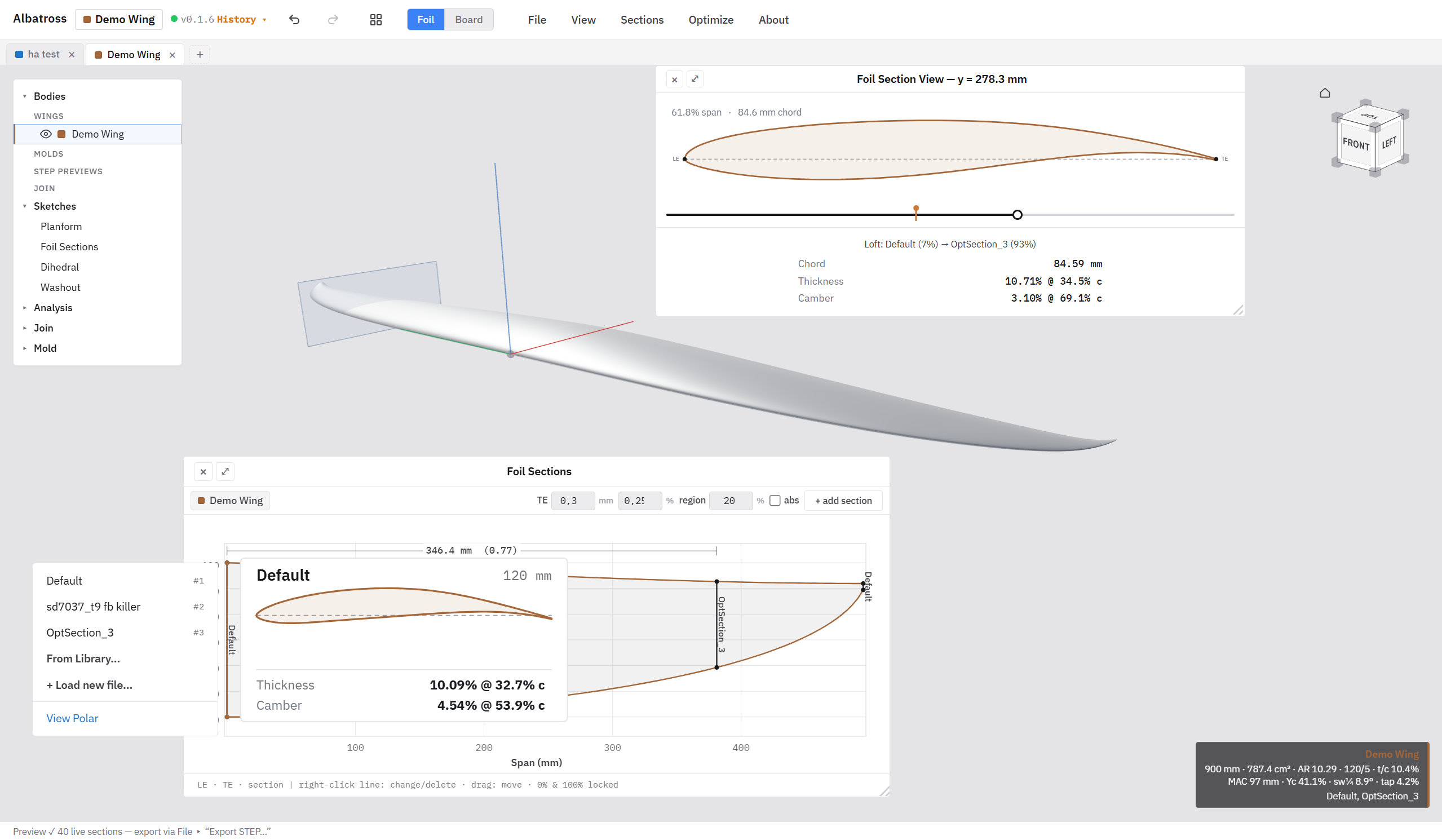 Albatross foil section view showing a blended airfoil profile along the span