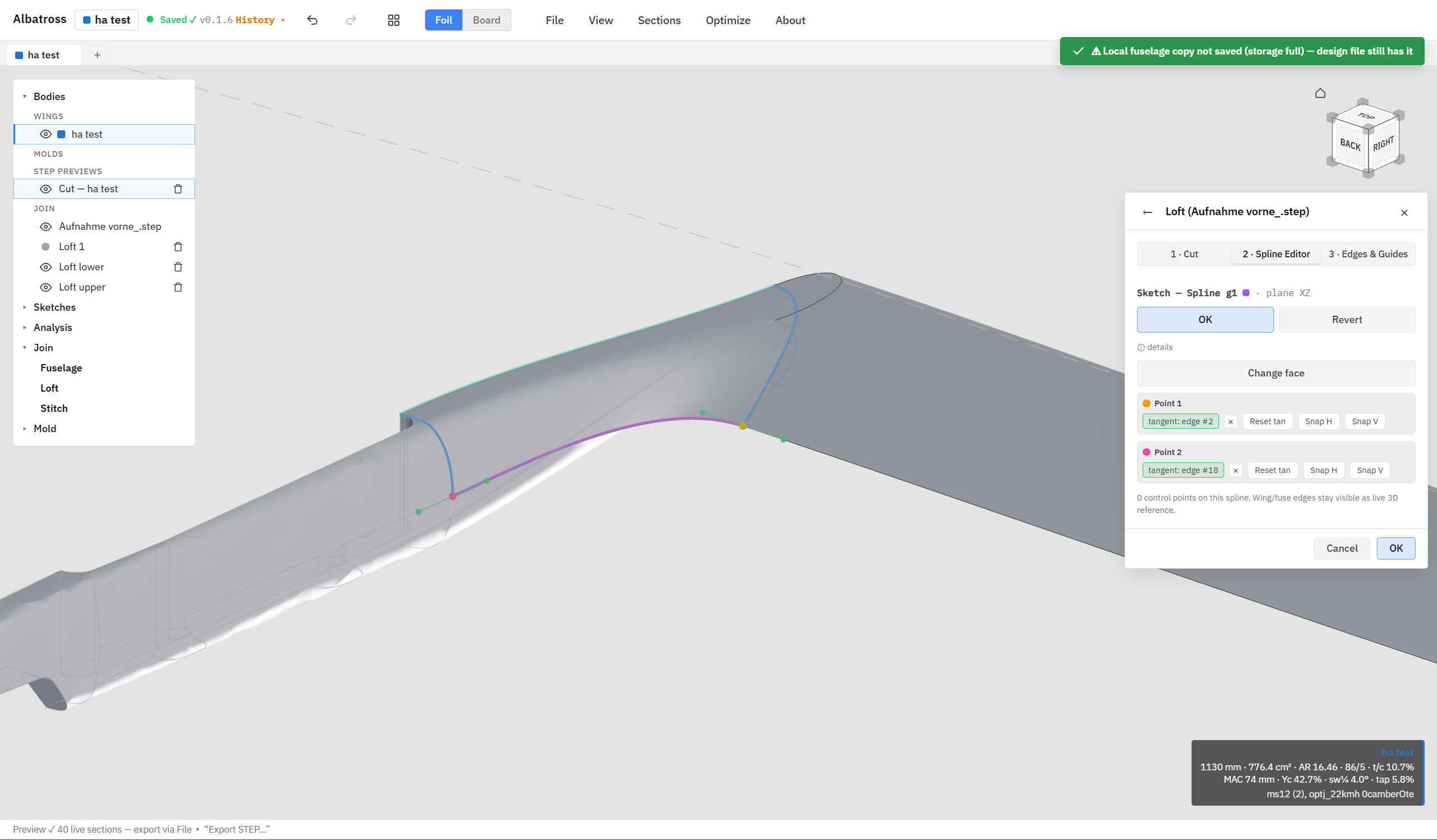 Albatross spline editor showing the tangent blend between a wing root and a fuselage