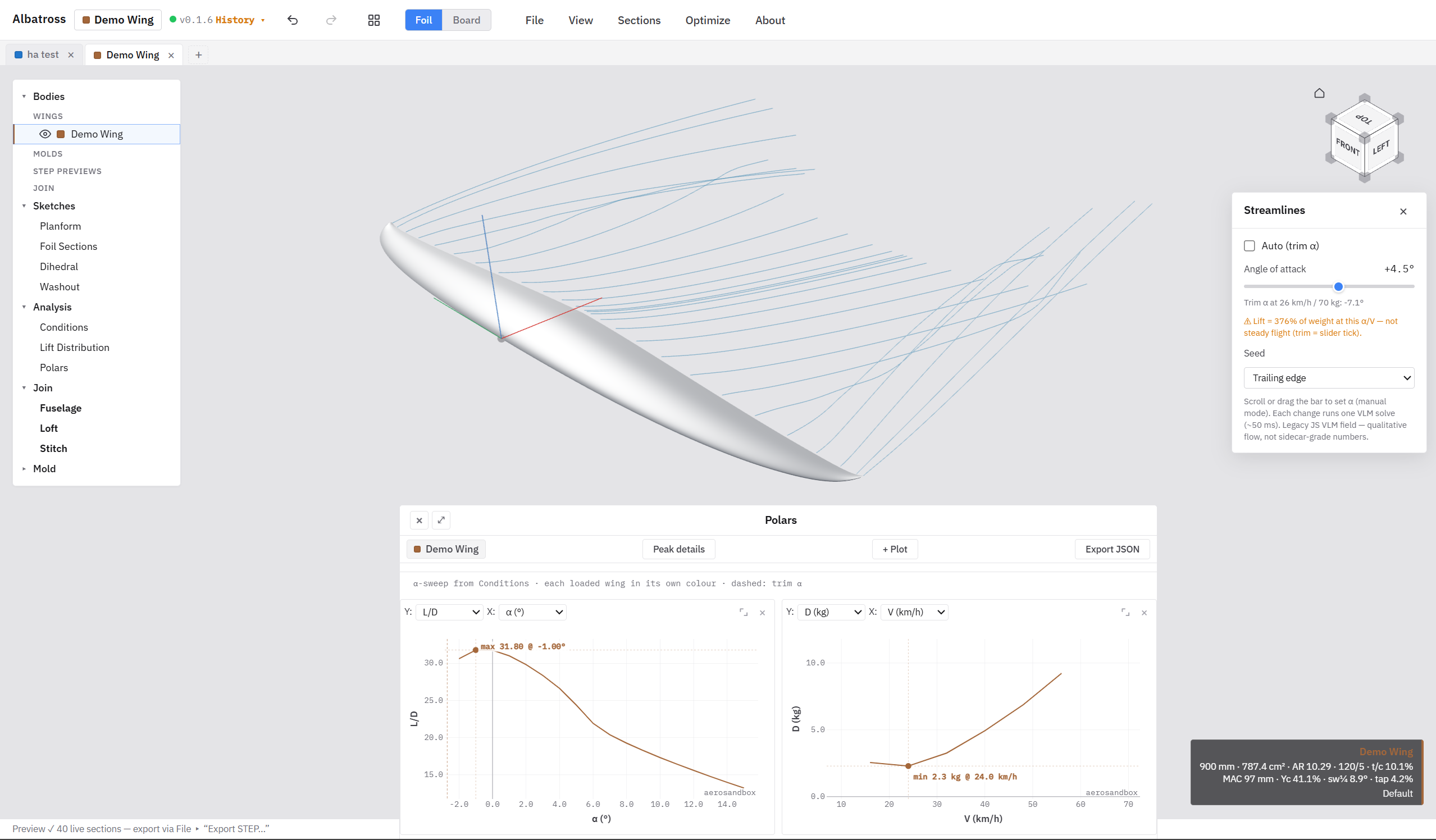 Albatross 3D view with streamlines and polar curves for an open wing design