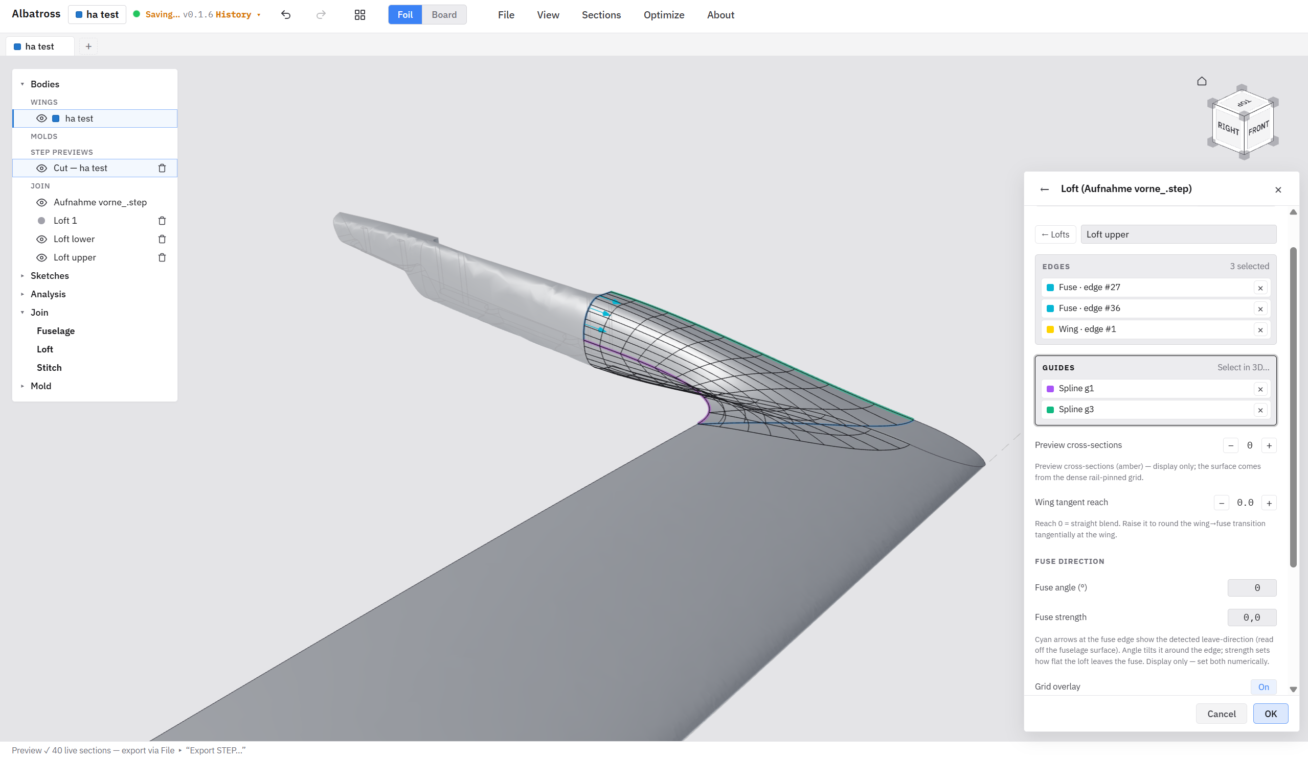 Albatross 3D viewer showing a hydrofoil wing lofted into a fuselage join, with the loft panel open